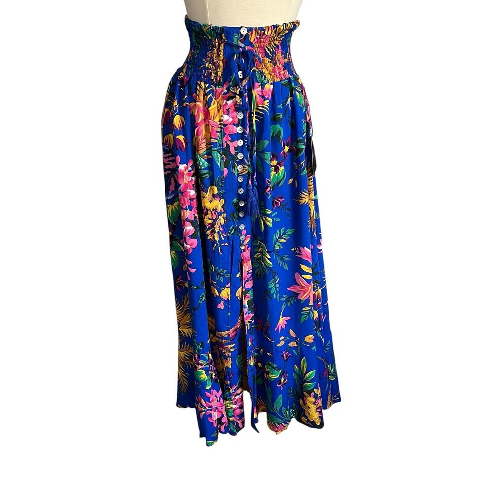 Cynthia Rowley Tropical Smocked Waist Floral Maxi Skirt Front Slit Size XS (NWT)